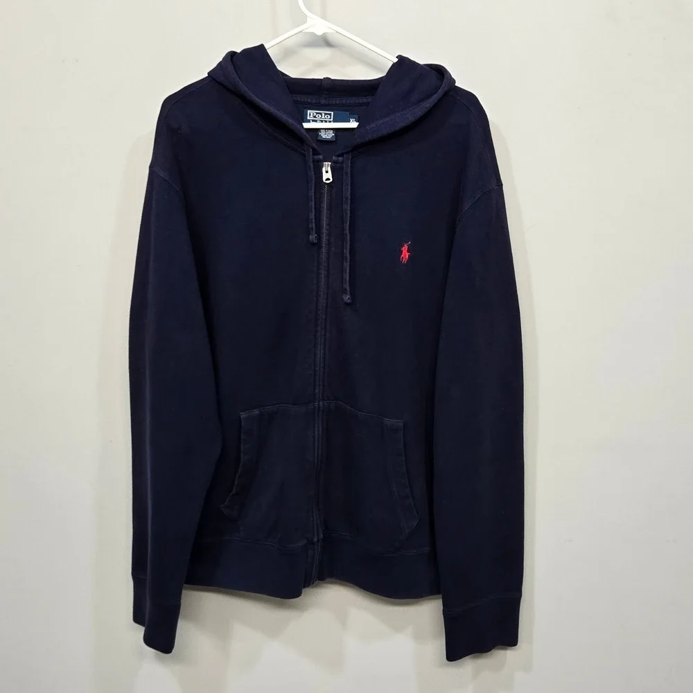 Polo Ralph Lauren Hoodie Mens XL Navy Blue Full Zip Pique Knit Pony Logo Classic
